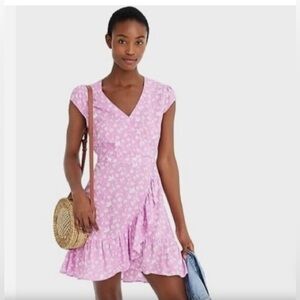 Preloved (worn once) J. Crew Ruffle-Front Mini Dress in Bublegum Pink and White